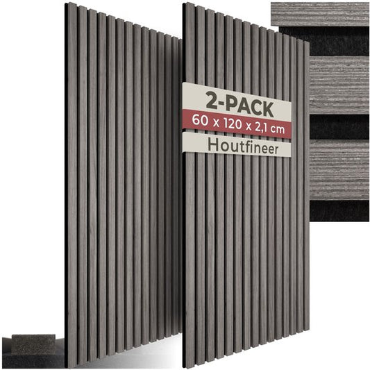 tectake® Akoestische Panelen - Set van 2 - 60 x 120 cm - 1,44 m² - Aanpasbare Grootte - Lattenwand van MDF en Houtfineer - Geluidsisolatie - Eiken Lichtgrijs