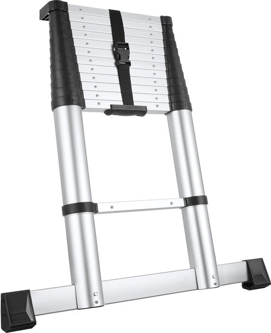 tectake® Telescoopladder met 13 Sporten - Vouwladder - 3,85 Meter - Soft Close - Anti Slip - Uitschuifbare Telescopische Ladder - Trapladder - Lichtgewicht Aluminium Trap - Betrouwbare Vergrendeling