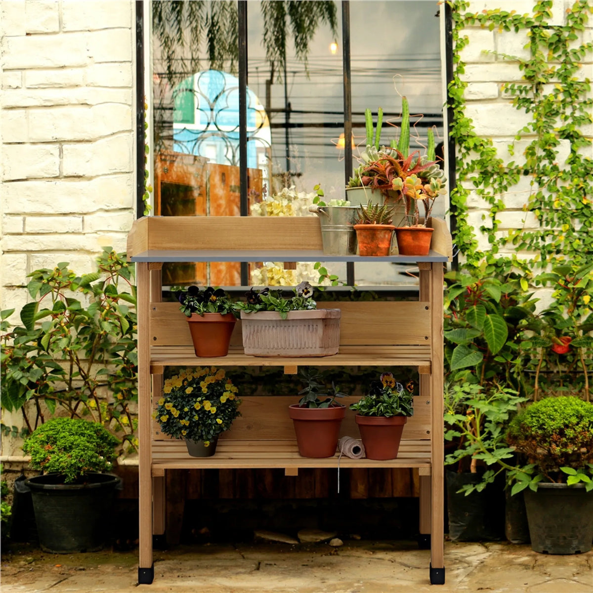 Planttafel voor Buiten met Gegalvaniseerd Werkblad 3 Planken en 3 Haken Houtkleur