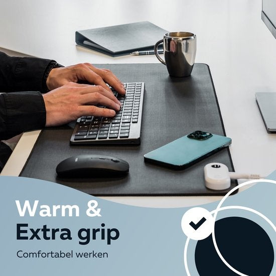 WURK Professionele Verwarmde Bureau Onderlegger - 30℃ tot 50℃ - Bureau Organizer - Inclusief Kabel Clip - Zwart - 80x33