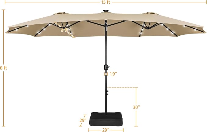 Yaheetech Dubbele Parasol 15FT met Solar LED Verlichting en Voet - Beige - Extra Grote Tuinparasol met Zandzakken