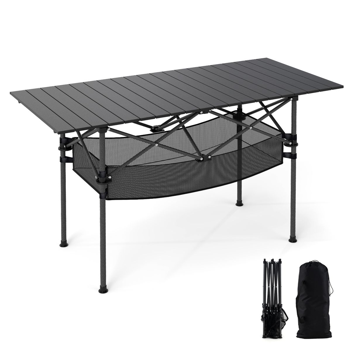 Coast Opvouwbare Campingtafel - Oprolbaar aluminium tafelblad - Met netmand - Zwart 119 x 56 cm