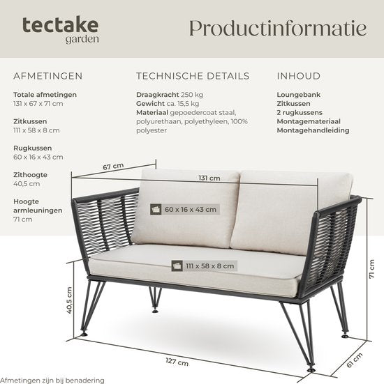 tectake® Wicker loungebank - Compacte tuinbank met dikke kussens - Ideaal voor balkon, tuin of terras - Stijlvolle en comfortabele loungebank voor buiten - Rope-design