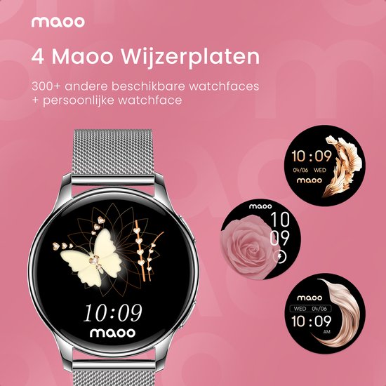 Maoo Ventura AMOLED Smartwatch Dames – RVS & 4x Siliconen Bandjes – Stappenteller, Hartslagmeter, Slaapmonitor, Multisport, Notificaties, Bellen, GPS, Android & iOS – Zilver & Wit