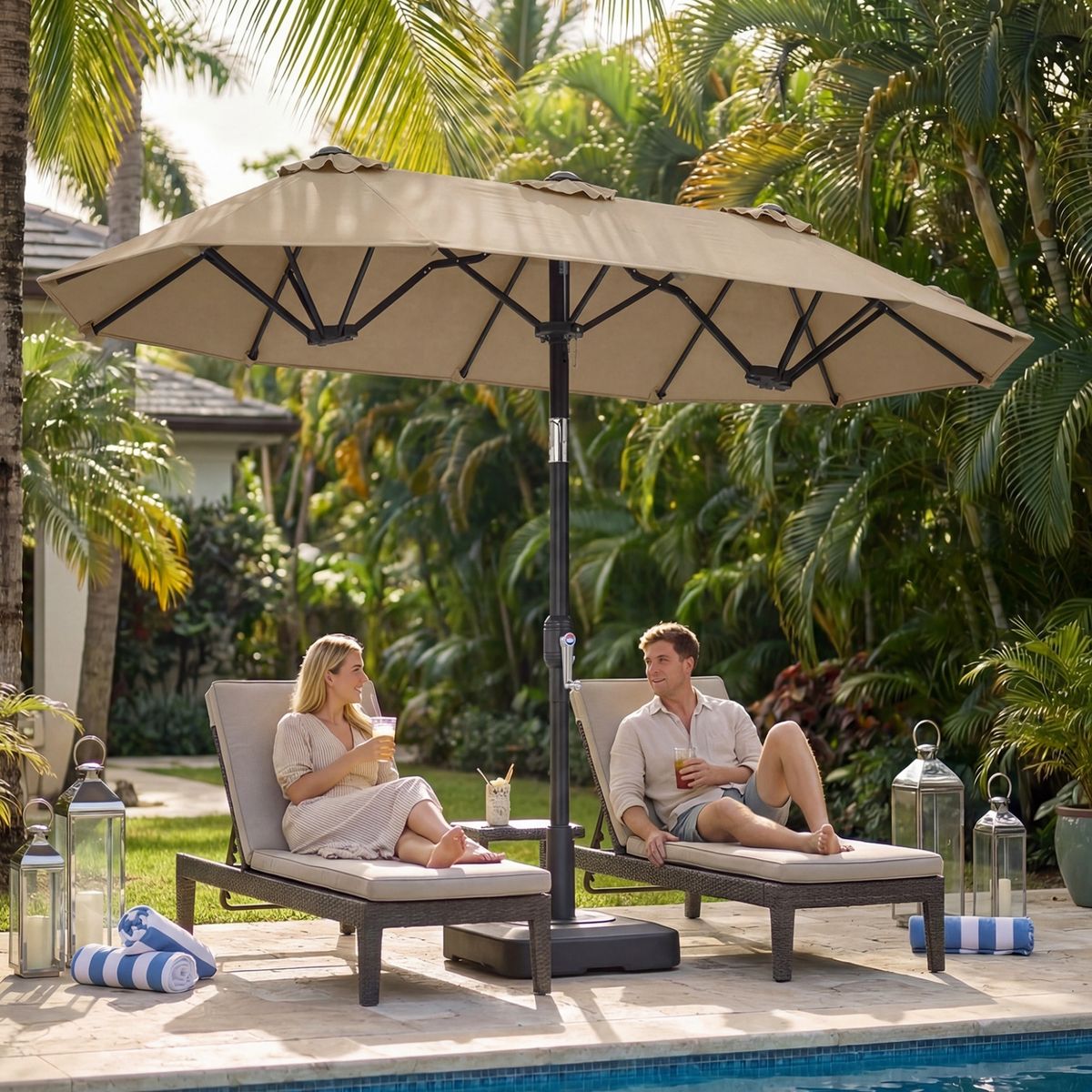 Coast Dubbele Parasol - rechthoekig - met handkruk en kantelfunctie - bruin 300 x 160 cm