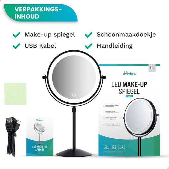 Mirlux Make Up Spiegel met LED Verlichting - 10x Vergroting Licht – Hoogte Verstelbaar - 3 Lichtstanden - Oplaadbaar - Vergrootspiegel Zwart