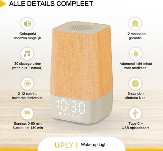 UPLY Wake up light - Met USB oplaadpunt - Met 30 geluiden - Wekker met licht - White noise - Digitale wekker