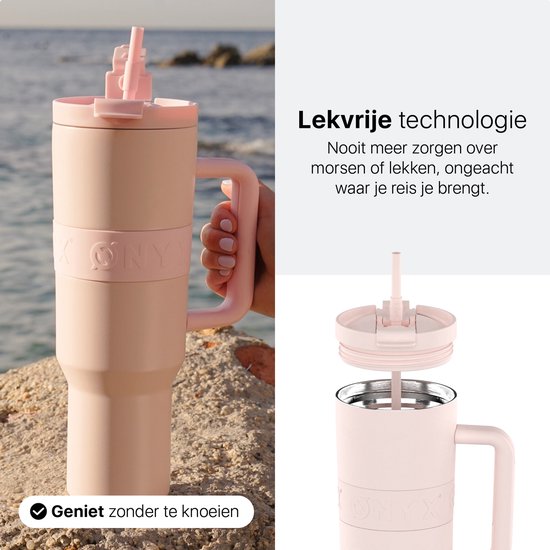 ONYX Drinkfles met Rietje 1 Liter - Waterfles voor Kinderen & Volwassenen - Thermosbeker RVS Travel Mug - Motiverende Drinkbus - Drinkbeker voor School - Candy Pink