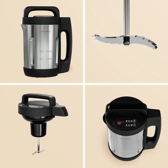 KitchenBrothers Soepmaker - 2L - 5 Programma's - PFAS & BPA-vrij - Timer Display - Blender - RVS/Zwart