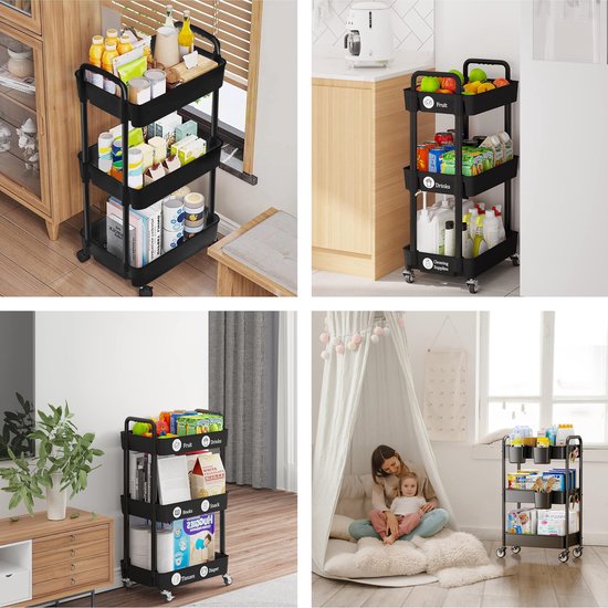 Keuken trolley op Wieltjes - 3 laags - Rek - Serveer - Wagen - Kastje - Opberg - Douche kastjes staand - Rekje - Zwart - Luft