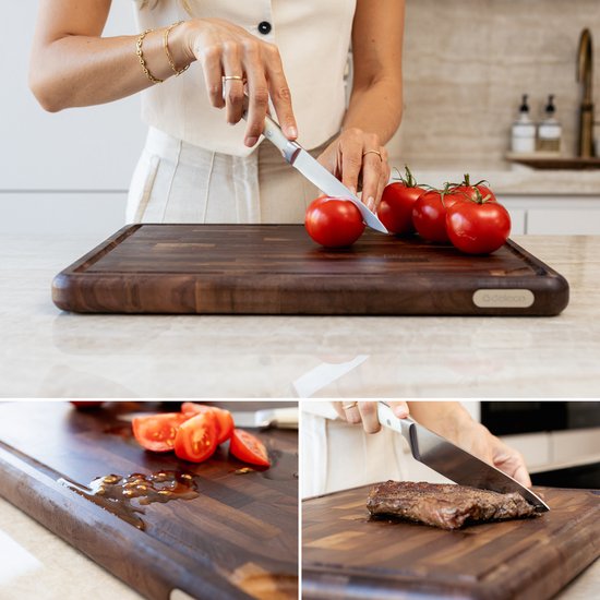 Deleca Walnoot Kopshouten Snijplank met Sapgeul - Hakblok Hout - Anti-slip / Handgrepen – Signature Amerikaans Walnoten Kopshout - 43x33x3 cm