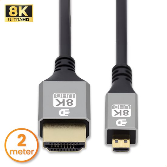 Drivv. Premium Micro HDMI naar HDMI Kabel 2.1 - 8K 60Hz / 4K 120Hz Ultra HD - Geschikt voor Camera, GoPro, Computers - 2 meter - Grijs