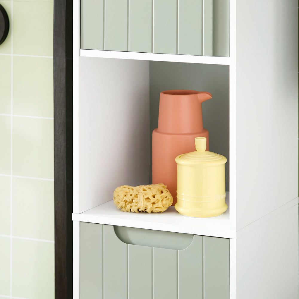 SoBuy Hoge Meerlaagse Badkamerkast BZR137-GR - Uitklapbare Wasmand - 31 x 30 x 167 cm - Groen met Wit
