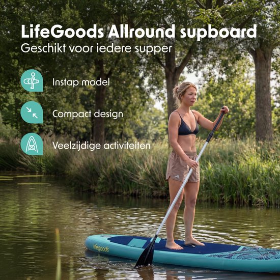 LifeGoods SUP Board Allround Compact - 100 KG Draagkracht - 300 x 76 cm - Opblaasbaar - Compleet SUP pakket - Blauw