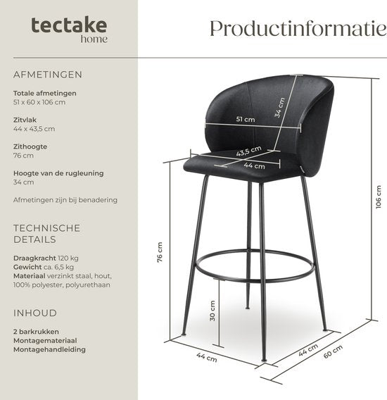 tectake® - Set van 2 Barkrukken Luana - Gestoffeerde Barkruk met rugleuning - Barstoelen - Barstoel met voetensteun - Eetkamerstoel met fluwelen bekleding - Stevige stalen poten met antislip vloerbescherming - Zwart/zwart