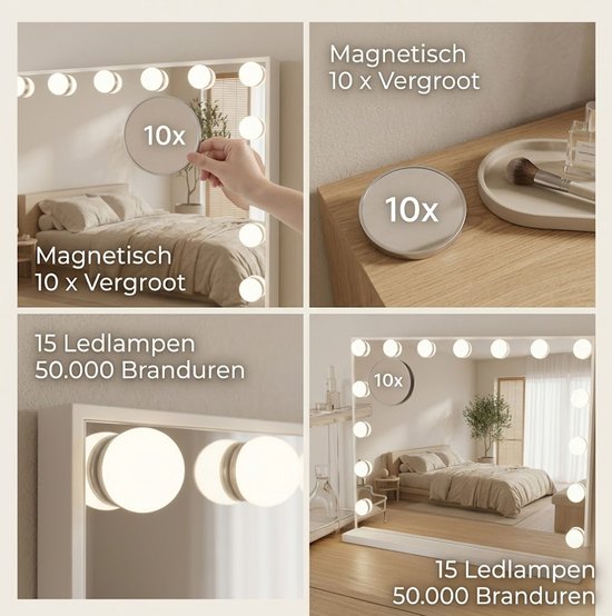 OMNIEXA Hollywood Spiegel 58×46cm – 15 LED Lampen – 3 Lichtkleuren – Dimbaar – 10x Vergroting – USB-C – Make Up Spiegel – Visagie Spiegel – Vanity – Wit