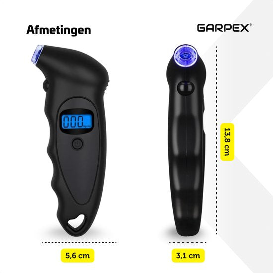 Garpex® Bandenspanningsmeter - Bandendrukmeter - Ingebouwde Zaklamp - Digitaal - Drukmeter