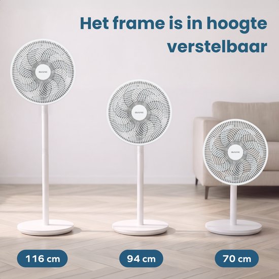 Auronic Staande Ventilator - 3 Snelheden - 85° Oscillatie - Verstelbaar 70-116 cm - Wit