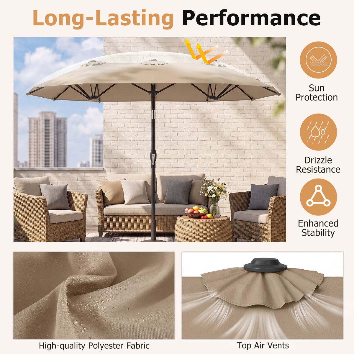 Coast Dubbele Parasol - rechthoekig - met handkruk en kantelfunctie - bruin 300 x 160 cm