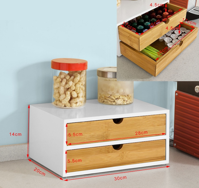 SoBuy 2-Laags Opberglade voor Koffiecapsules - Organizer voor Koffie en Theezakjes - 30 x 20 x 14 cm - Wit