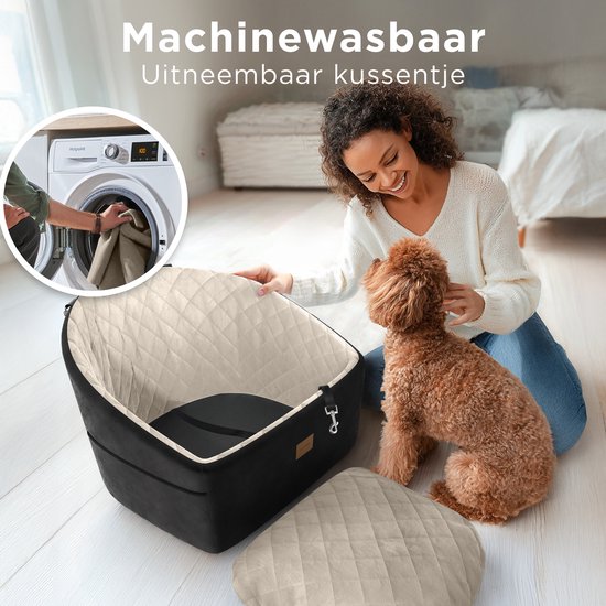 CozySense® Honden Autostoel - Veilige Hondenmand Auto voor Kleine Hond - Voorbank & Achterbank - Met Veiligheidsriem, Opbergvak & Wasbare Hoes - Zwart/Beige