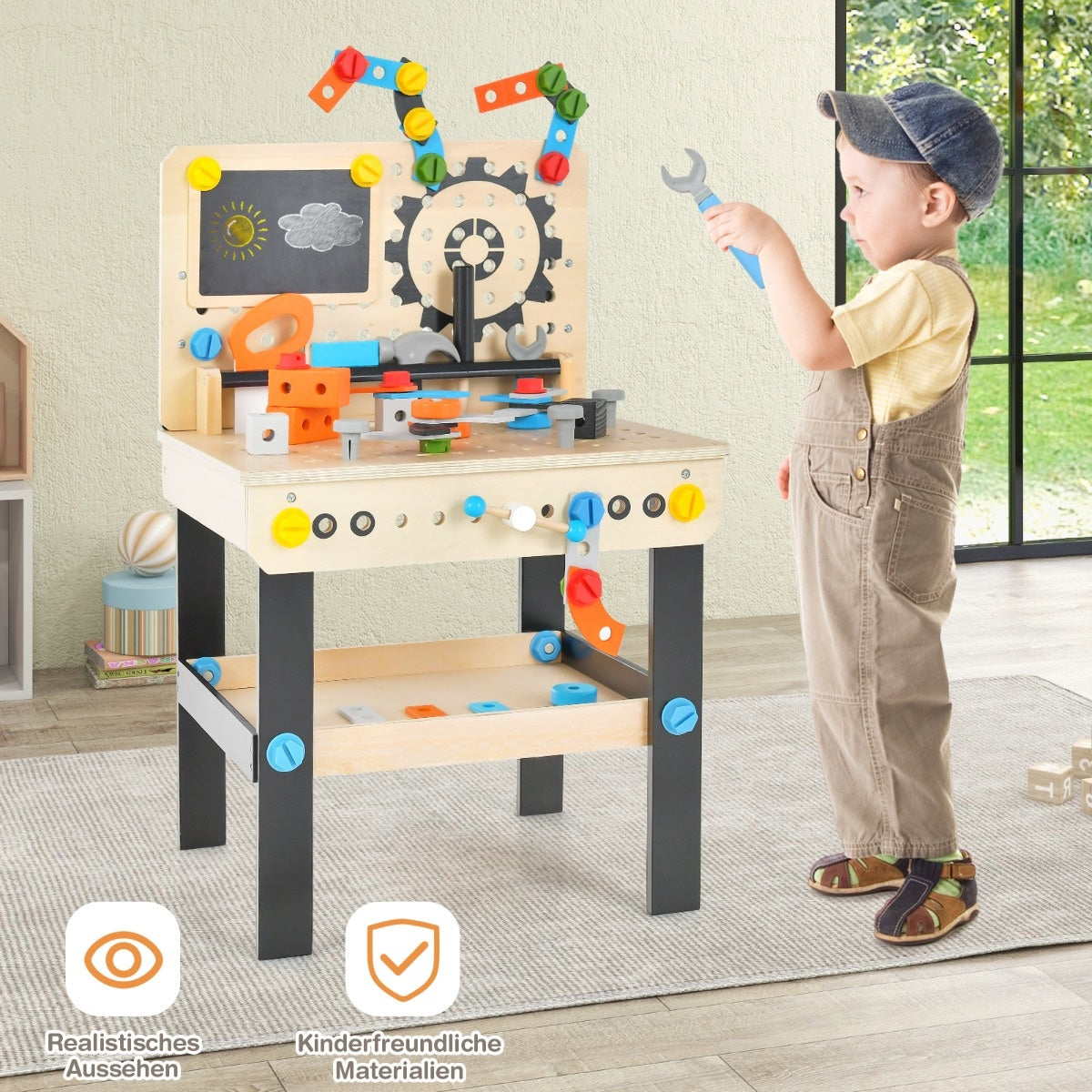 Coast Children's Toolbank gemaakt van hout met tafel- en hangende gereedschapstandaard en accessoires