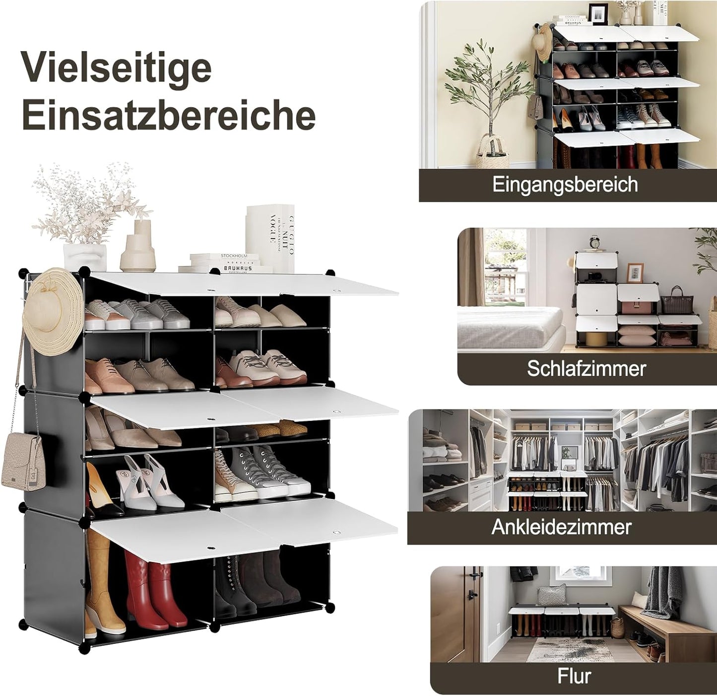 Woltu Schoenenrek met 6 Vakken - Opbergkast voor 24 Paar Schoenen - Wit/Zwart - 94 x 36,5 x 109 cm