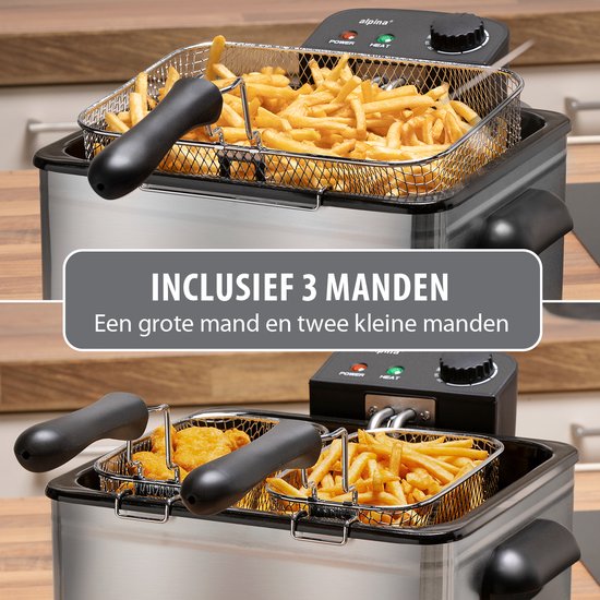 alpina Frituurpan Dubbel 5 Liter - Friteuse met Instelbare Thermostaat - Frituur met 3 Uitneembare Manden - Frietpan 2000W - 27,5 x 21,5 x 30,5 cm - RVS