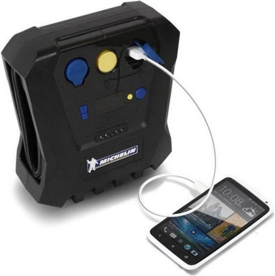 Michelin Compressor Bandenpomp 12V - Instelbare luchtdruk (0,05-7 bar) - Met USB-poort - Elektrische Bandenpomp - Fiets/Auto/Motor/Bal/Luchtbed - Met diverse mondstukken