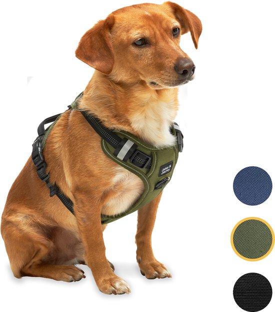 Jake en Jacky Hondentuigje - Anti-Trek Tuig - Hondenharnas - Y Tuig Hond - Reflecterend - Groen- Maat S