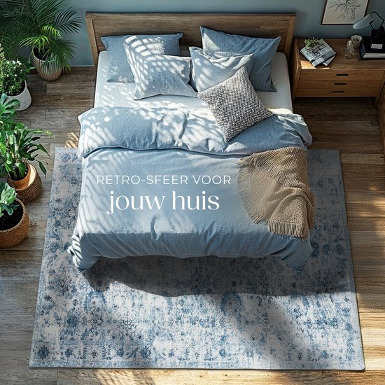 tectake® Vintage design tapijt - laagpolig vloerkleed - Boho vloerkleed - Voor woonkamer, slaapkamer, kinderkamer of tienerkamer - Wasbaar - 160cm x 230cm - blauw