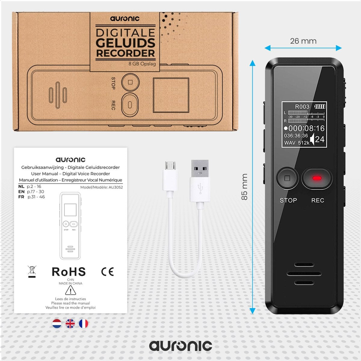 Auronic Digitale Voice Recorder - Dictafoon - 8GB Opslag - Ruisonderdrukking - USB Oplaadbaar - Zwart