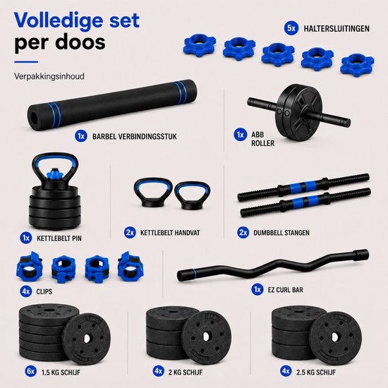 Sportfloww Dumbbells 28.5 KG – Halterset - Gewichten Set met Kettlebell, Barbell, EZ curl bar & AB roller – Verstelbare dumbells
