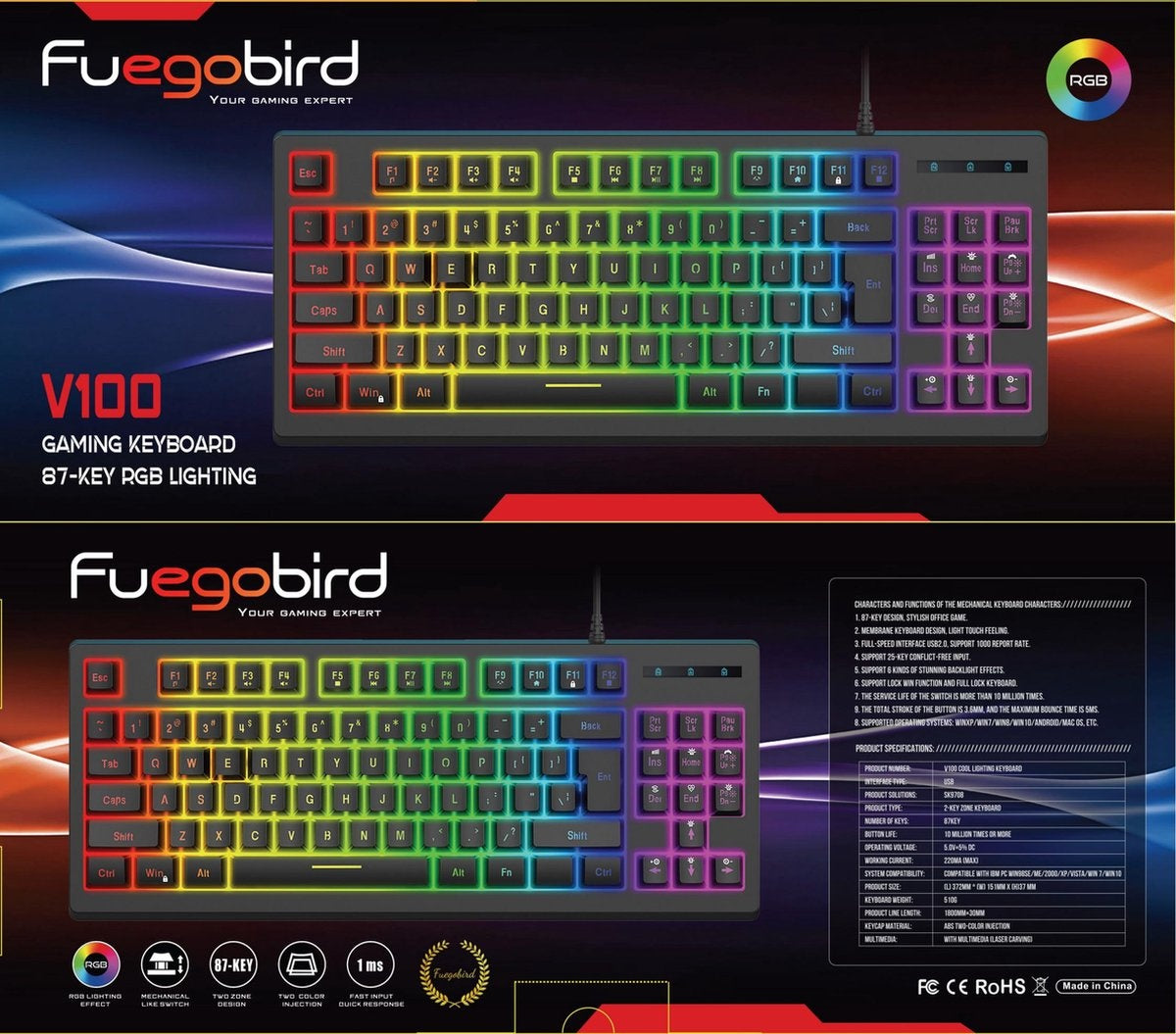Fuegobird V100 Bedraad Gaming Toetsenborden - Membraan Toetsenbord - RGB Verlichting - TKL - 87 keys - Zwart