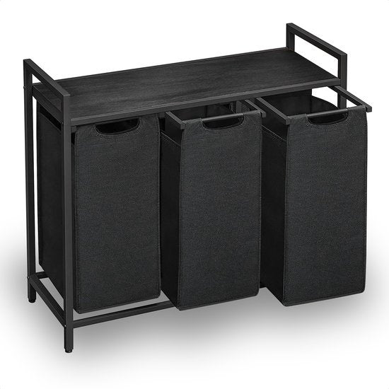 Goliving Wassorteerder – Wasmand met 3 vakken – Wasbox – Oxfort textiel/Metaal/Hout – 3 x 38 Liter – 25 x 92.5 x 71 cm – Zwart