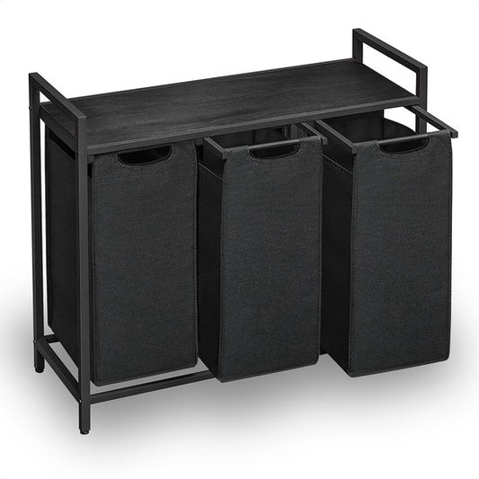Goliving Wassorteerder – Wasmand met 3 vakken – Wasbox – Oxfort textiel/Metaal/Hout – 3 x 38 Liter – 25 x 92.5 x 71 cm – Zwart