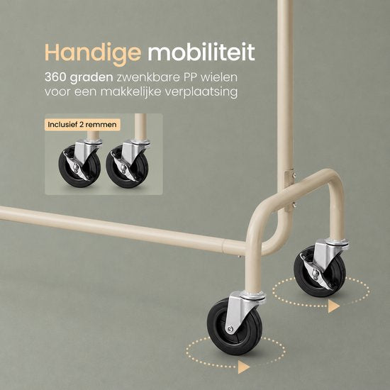 O'DADDY® Kledingrek - Kledingrek op Wieltjes - Kledingrek metaal - Kleding rek - Kledingrekken - Garderoberek - Kledingstang - Kledingrek - Uitschuifbare Kledingstang - Verstelbare Hangstang - Stabiel tot 130 kg - Beige