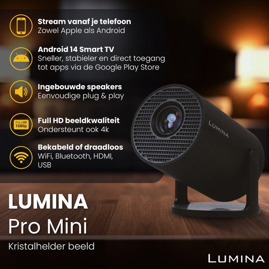 Lumina® Pro Mini Beamer 2026 – Android 14 Smart Projector met Google Playstore – Thuisbioscoop – Voor iOS & Android – WiFi 6 & Bluetooth 5.4 – Zwart
