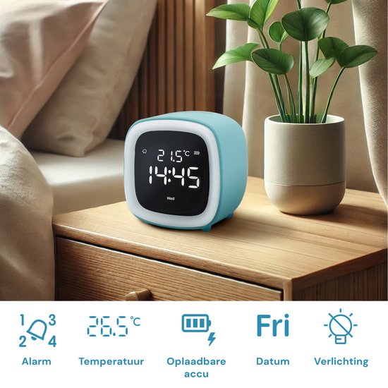 JustAnotherProduct AP18 - Oplaadbare digitale wekker met licht (3 standen) - Alarm klok met temperatuur (15.5°C tot 50°C) - 12/24h Alarm clock - Nachtlamp - Licht blauw