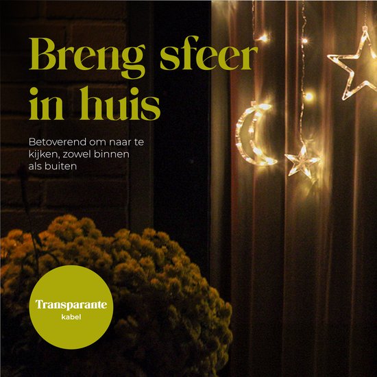 Giftmas Lichtgordijn – 120 LED Hangdecoratie – Warm Wit – Manen en Sterren – Kerst en Raamdecoratie – Voor Binnen en Buiten - Kerstversiering - 3.5M - Kerstverlichting