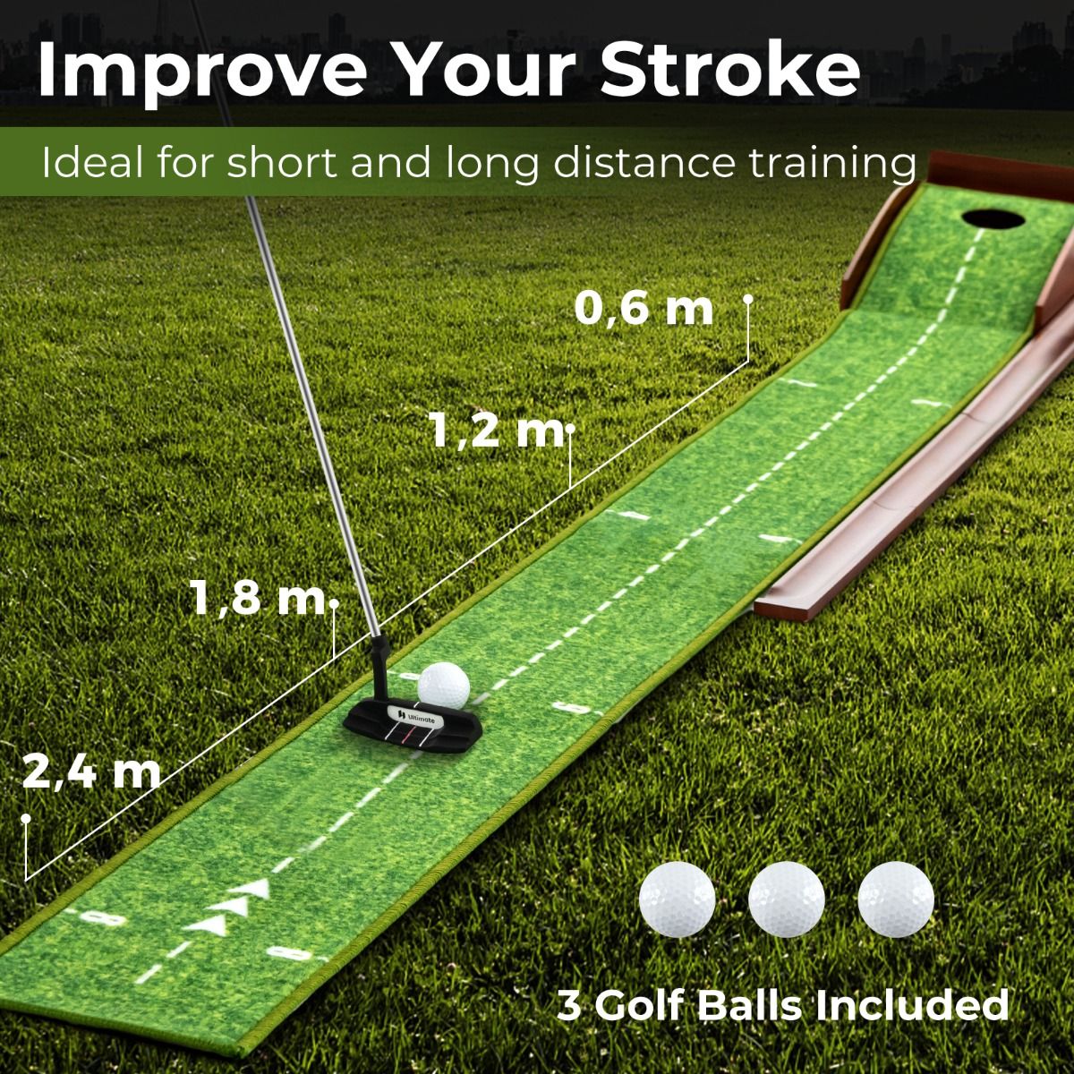 Coast Golf Oefenmat - Automatische Balterugloop - Inclusief 3 Golfballen - 277 x 29 x 15 cm