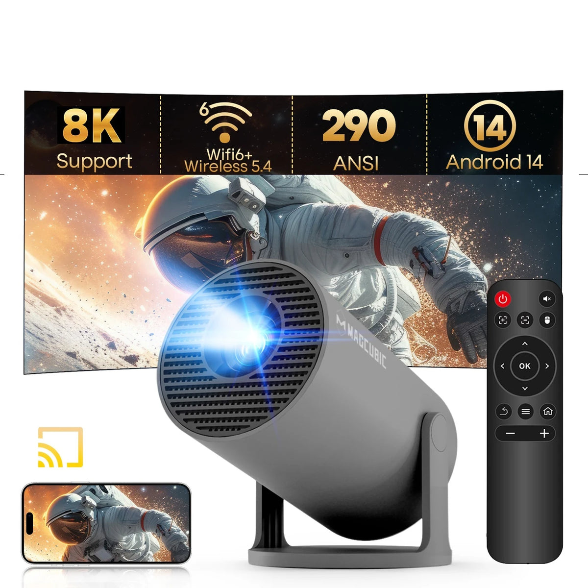 Magcubic HY300 Pro Mini Beamer met WiFi 6 en Bluetooth 5.4 - Android 14 - 290 ANSI - Grijs