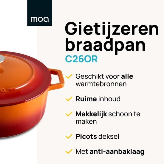 MOA Gietijzeren Braadpan - Inhoud 5,7 liter - 26CM - Rond - Alle warmtebronnen - Ook voor inductie - Gewicht 5,8 kg - C26OR - Oranje/Rood