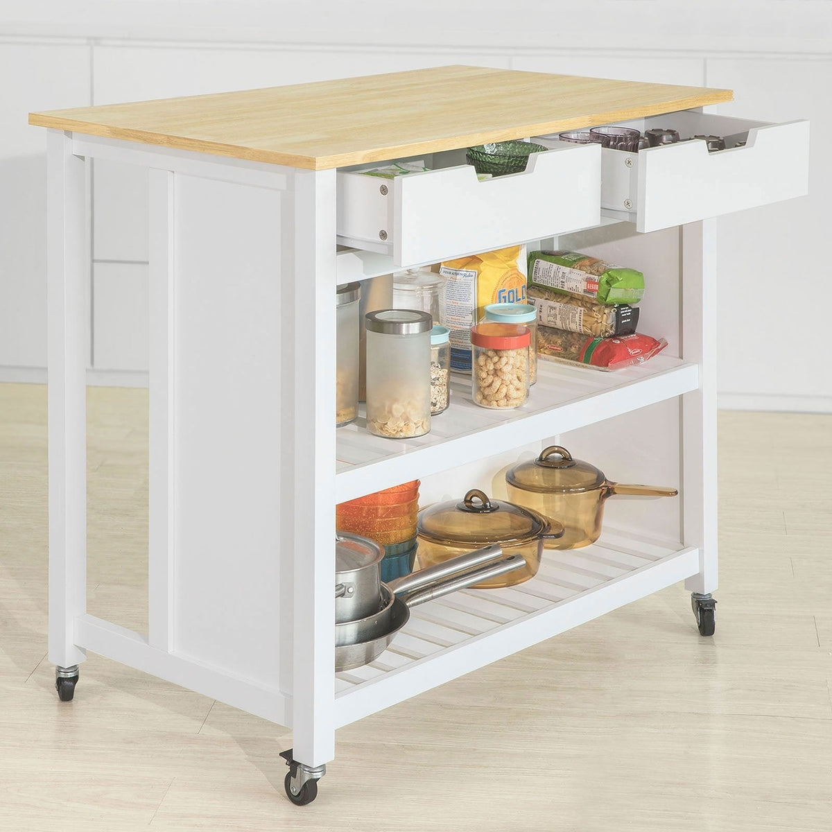 SoBuy - Kookeiland Op Wielen - 100 x 60 x 94 cm - Wit & Hout Composiet - Mobiele Keukentrolley Met Opbergkast - Voor Keuken & Voorraad