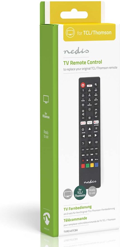 Nedis Vervangende Afstandsbediening - Geschikt voor: TCL/Thomson - Voorgeprogrammeerd - 1 Apparaat - Amazon Prime / Netflix Knop / Youtube Knop - Infrarood - Zwart