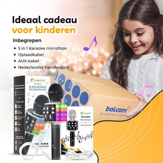 AyeKids 5-in-1 Karaoke Microfoon - Draadloos & Bluetooth – Ingebouwde Speaker & Disco Lichten – Incl. AUX-kabel - Microfoon Kinderen - Karaoke Set - Zwart