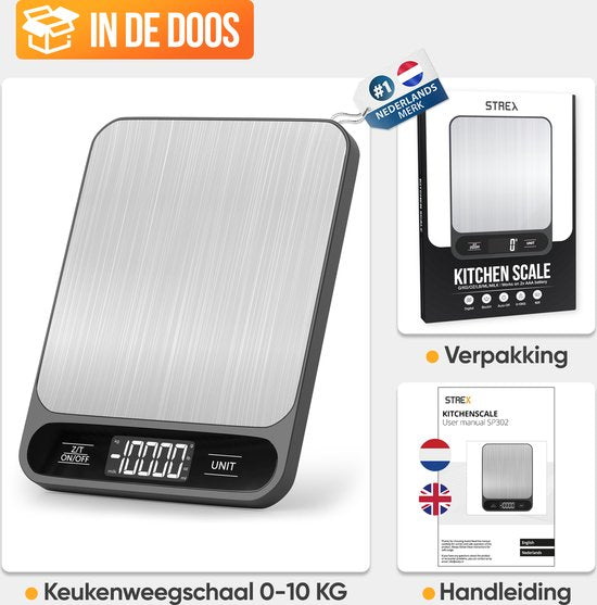 Strex Keukenweegschaal Digitaal - Weegschaal Keuken - 1 g tot 10 kg - Tarra Functie - Inclusief Batterijen - RVS/Zwart