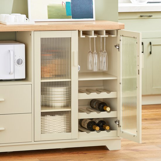 SoBuy Buffetkast Met Laden – 120 x 40 x 90 cm & Met Glazen Deuren – Voorzien Van Interne Planken En Flessenrek – Beige Gelakt Mdf
