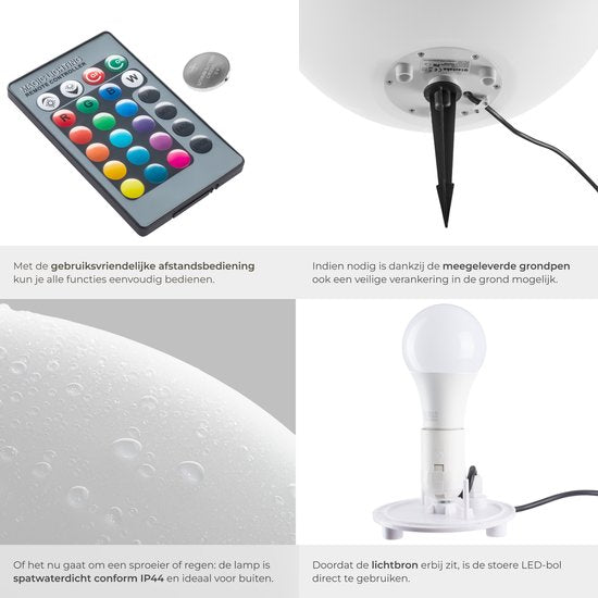 tectake® Tuinbol - Ø30 cm - Bolvorminge LED Buitenlamp met Afstandsbediening - 16 Kleuren en 5 Lichtmodi - Weerbestendige Tuinverlichting - Feestversiering - Tuindecoratie - Inclusief Lichtbron - Lichtbol - Lichtbollen voor Buiten - Bol Lamp