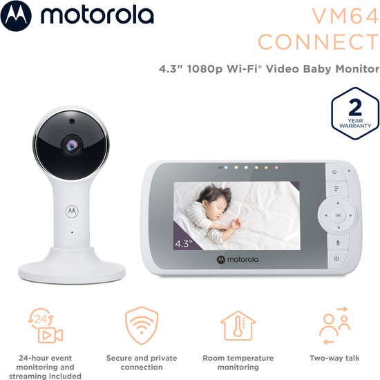 Motorola VM64 Babyfoon met Camera en App – 4.3” WiFi Video Baby Monitor met Smartphone App – 2-weg Audio, Nachtzicht, Temperatuur, Slaapliedjes, Digitale zoom